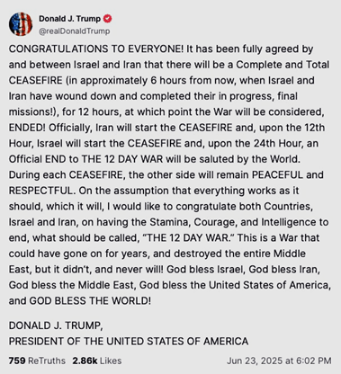 Trump anuncia cese de hostilidades entre Irán e Israel