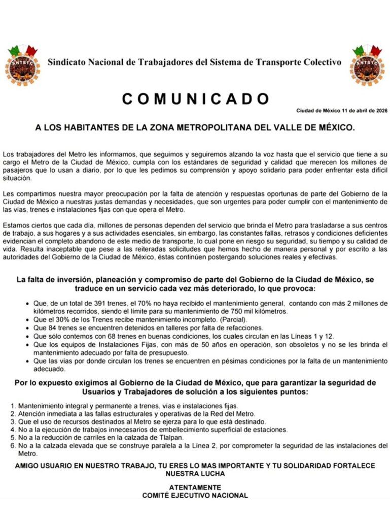 Trabajadores del metro realizan paro escalonado